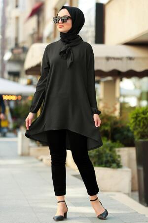 Fiyonklu Siyah Tesettür Tunik 40731S - 1