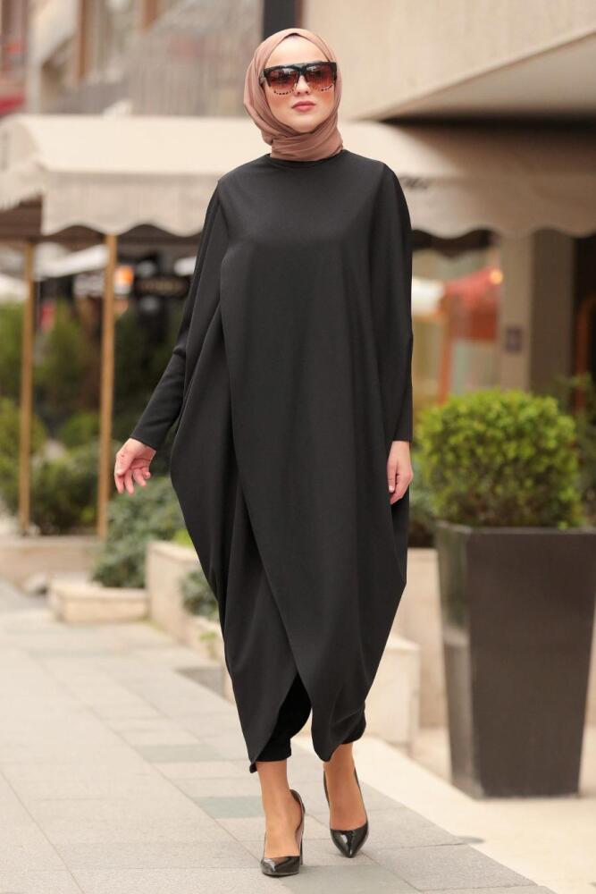 Çapraz Kesim Siyah Tesettür Panço Tunik 5134S - 1