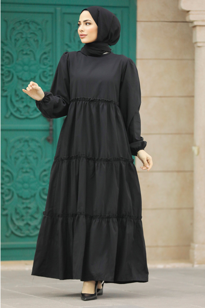 Black Hijab Turkish Dress 57342S - 3