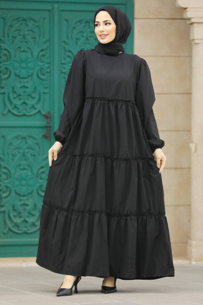 Black Hijab Turkish Dress 57342S - NEVA STYLE