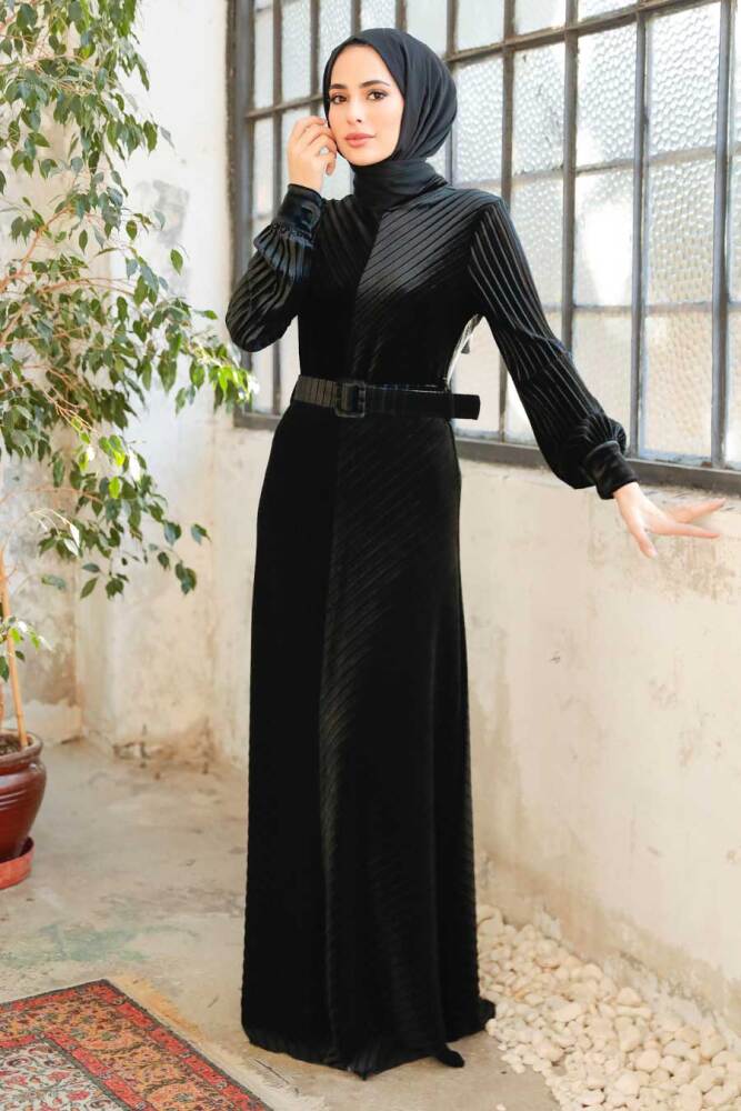 Neva Style - Black Hijab Turkish Long Sleeve Dress 37081S - 1