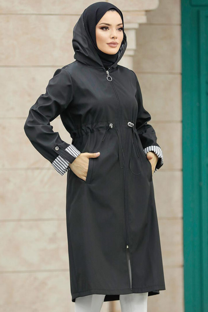 Black Hijab Turkish Trench Coat 613S - 3