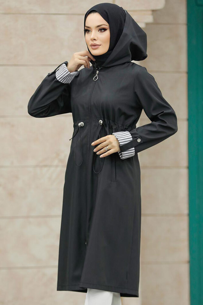 Black Hijab Turkish Trench Coat 613S - 1