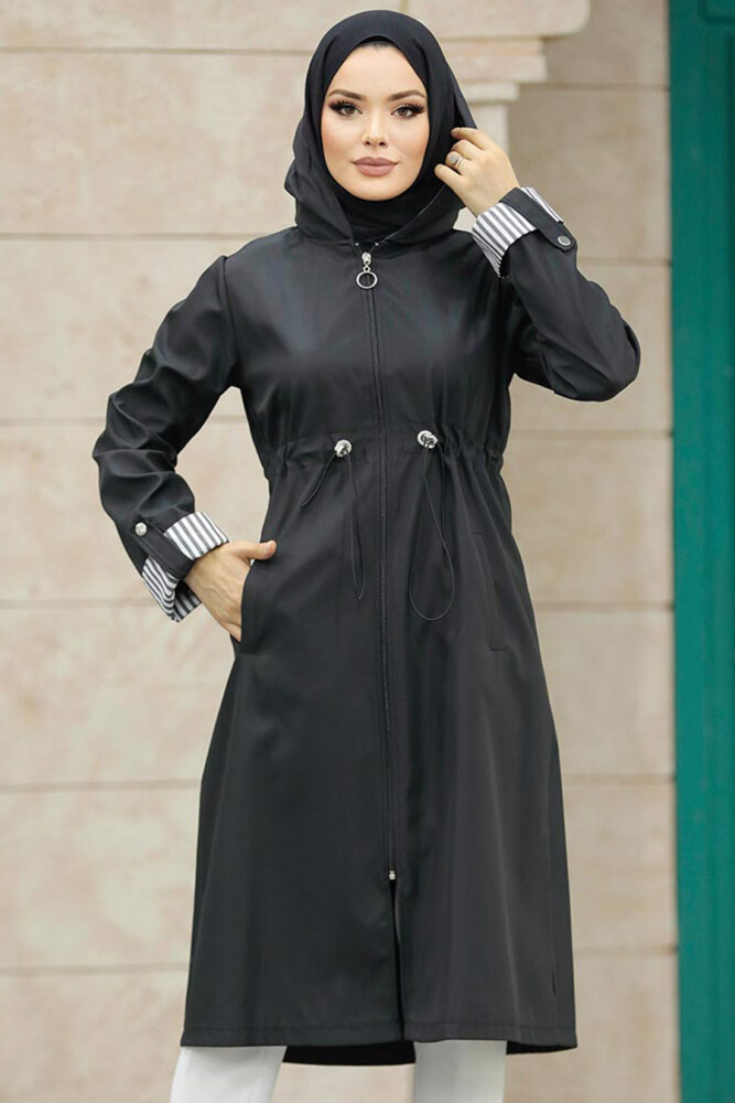 Black Hijab Turkish Trench Coat 613S - 2