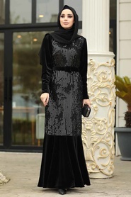 Neva Style - Black Hijab Velvet Dress 11021S - Thumbnail
