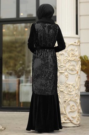 Neva Style - Black Hijab Velvet Dress 11021S - Thumbnail