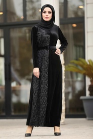 Neva Style - Black Hijab Velvet Dress 12064S - Thumbnail