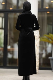 Neva Style - Black Hijab Velvet Dress 12064S - Thumbnail