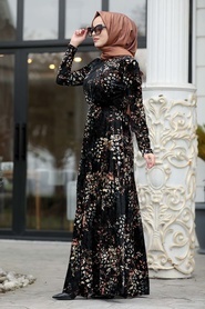 Neva Style - Black Hijab Velvet Dress 1452S - Thumbnail