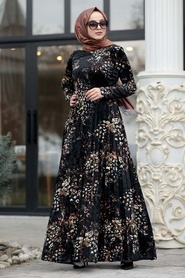 Neva Style - Black Hijab Velvet Dress 1452S - Thumbnail