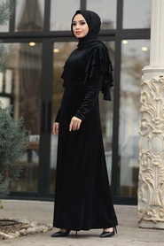 Neva Style - Black Hijab Velvet Dress 1456S - Thumbnail