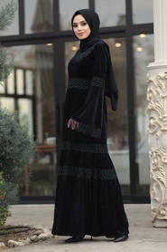 Neva Style - Black Hijab Velvet Dress 1460S - Thumbnail
