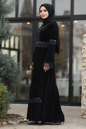 Neva Style - Black Hijab Velvet Dress 1470S - Thumbnail