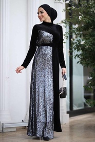 Neva Style - Black Hijab Velvet Dress 9129S - Thumbnail
