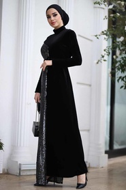 Neva Style - Black Hijab Velvet Dress 9129S - Thumbnail