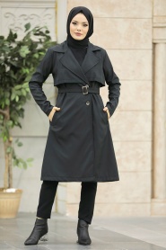 Neva Style - Black Islamic Clothing Trench Coat 59371S - Thumbnail