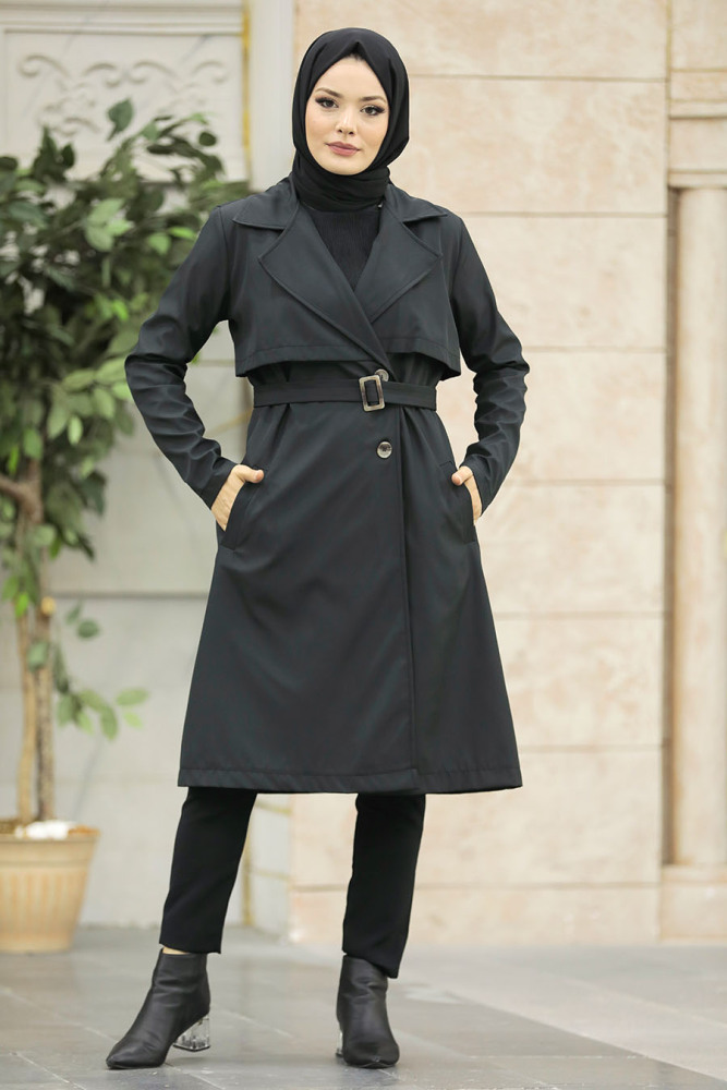 Neva Style - Black Islamic Clothing Trench Coat 59371S - 1