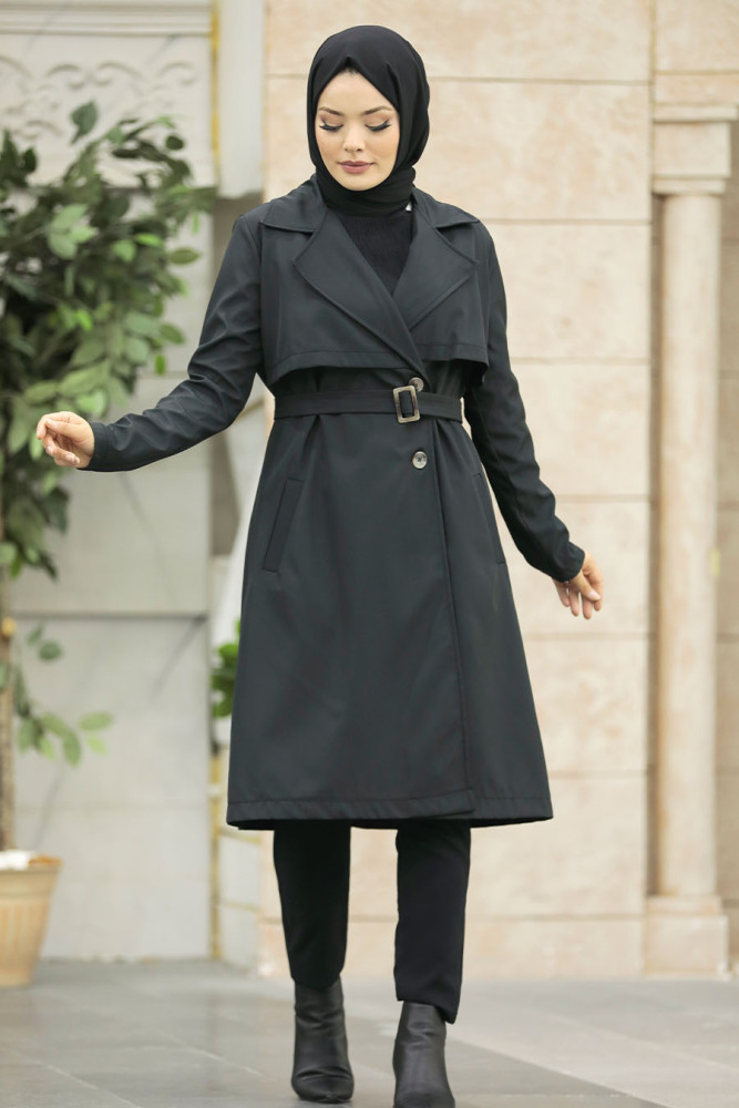 Neva Style - Black Islamic Clothing Trench Coat 59371S - 2