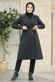 Neva Style - Black Islamic Clothing Trench Coat 59371S - Thumbnail
