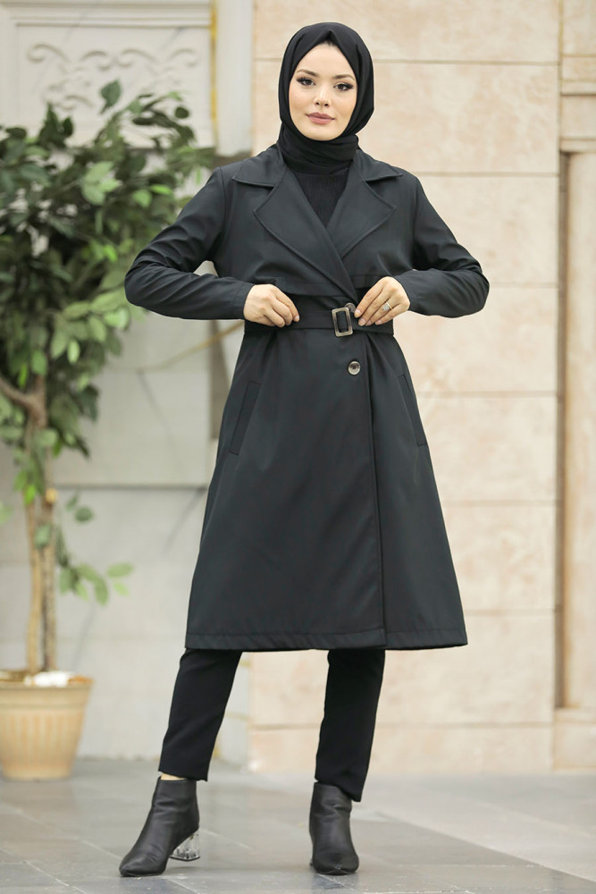 Neva Style - Black Islamic Clothing Trench Coat 59371S - 3