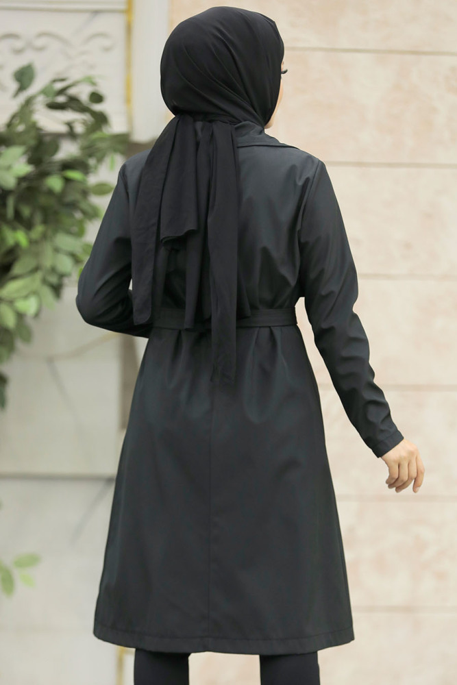 Neva Style - Black Islamic Clothing Trench Coat 59371S - 4