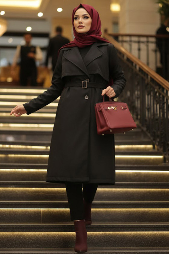 Black Islamic Clothing Trench Coat 59371S - 1