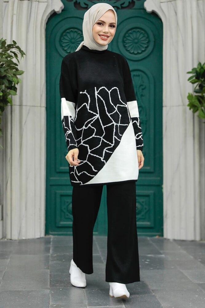 Black Knitwear Hijab Dual Suit 6397S - 1