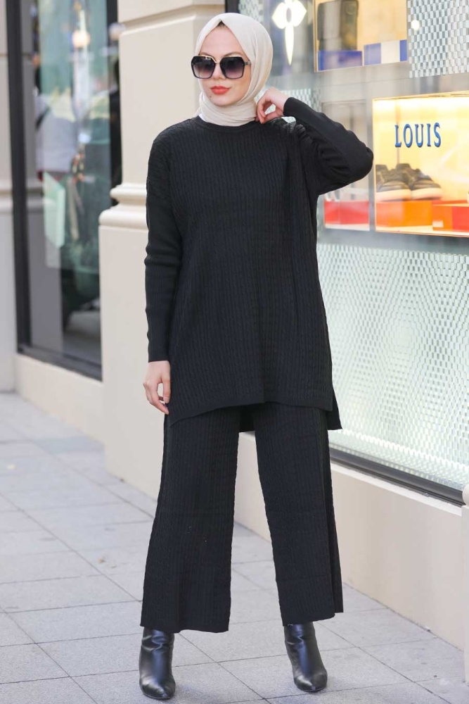 Neva Style - Black Knitwear Muslim Dual Suit 33450S - 1