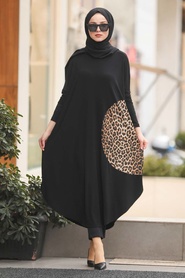 Neva Style - Black Leopar Patterned Hijab Tunic 40028S - Thumbnail