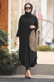 Neva Style - Black Leopar Patterned Hijab Tunic 40028S - Thumbnail