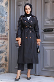 Neva Style - Black Muslim Trench Coat 5371S - Thumbnail