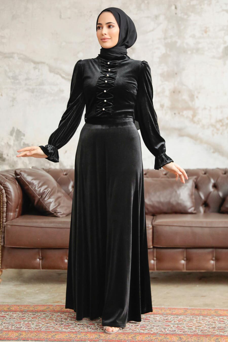 Neva Style - Black Velvet Hijab Maxi Dress 37091S