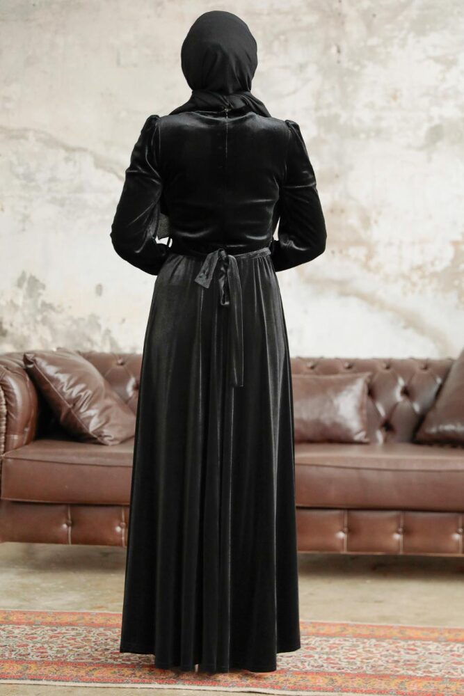 Black Velvet Hijab Maxi Dress 37091S - 2