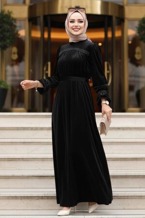 Black Velvet Long Dress for Muslim Ladies 37291S - 1