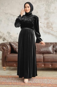 Neva Style - Black Velvet Long Dress for Muslim Ladies 37291S - Thumbnail