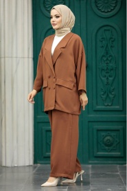 Neva Style - Blazer Ceketli Kahverengi Tesettür İkili Takım 5927KH - Thumbnail