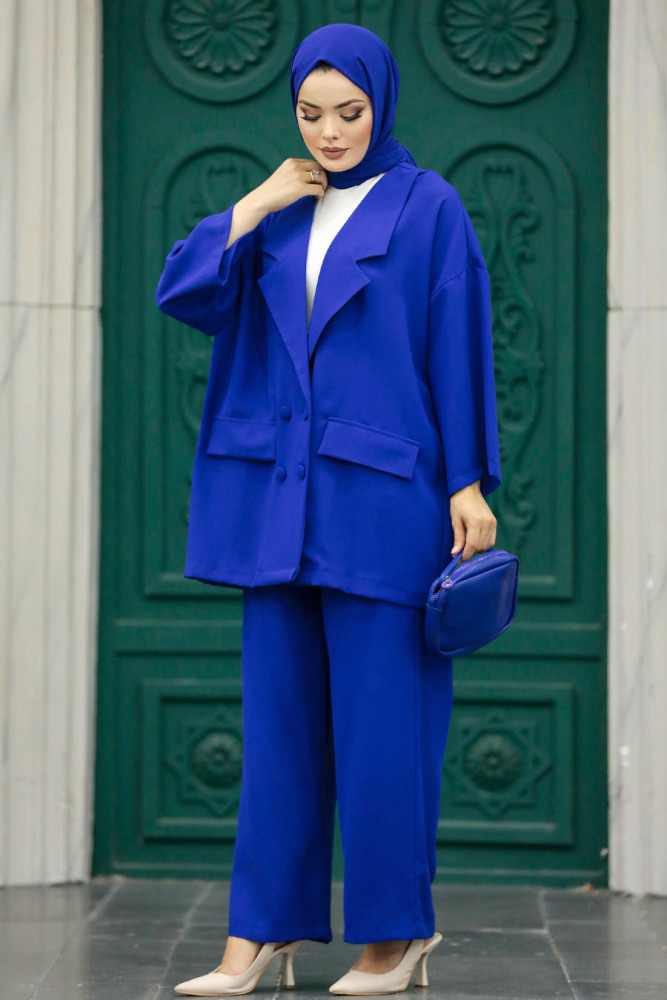 Neva Style - Blazer Ceketli Sax Mavisi Tesettür İkili Takım 5927SX - 2