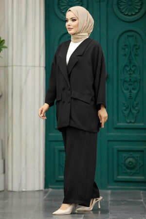 Neva Style - Blazer Ceketli Siyah Tesettür İkili Takım 5927S - 1