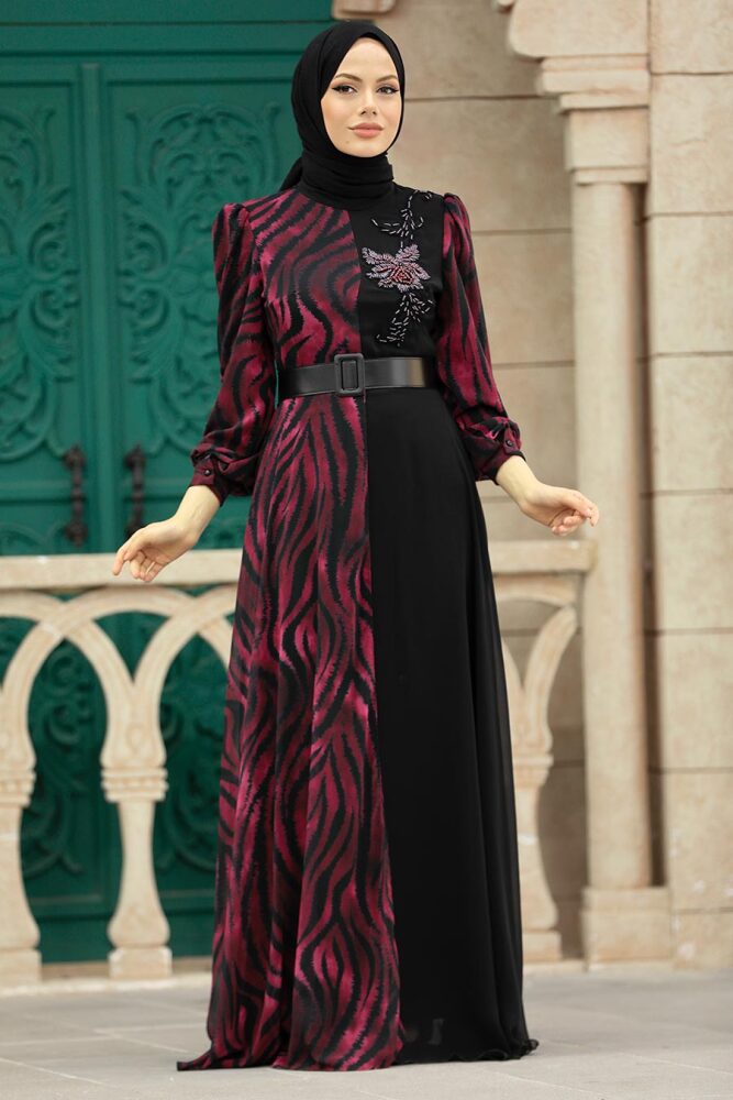 Neva Style - Blok Desenli Bordo Tesettür Elbise 39053BR - 1