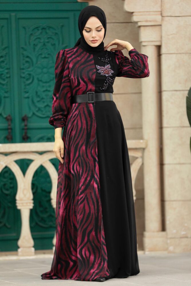 Neva Style - Blok Desenli Bordo Tesettür Elbise 39053BR - 2