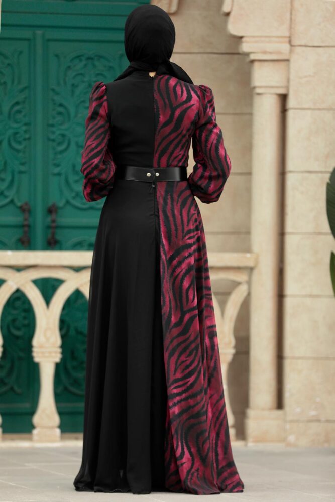 Neva Style - Blok Desenli Bordo Tesettür Elbise 39053BR - 3