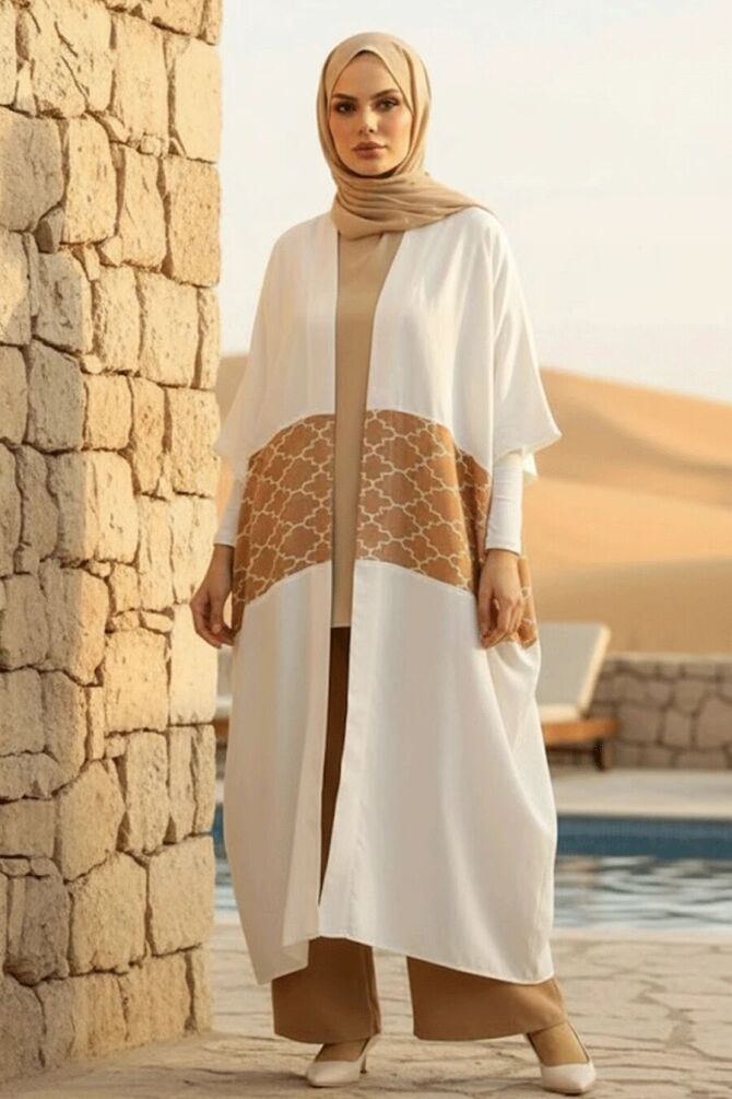  Blok Desenli Camel Tesettür Kimono 8664C - NEVA STYLE