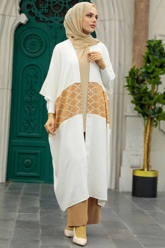 Neva Style - Blok Desenli Camel Tesettür Kimono 8664C - 3