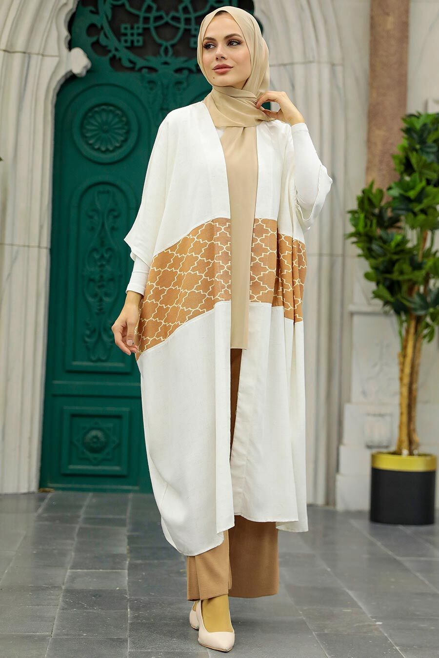 Neva Style - Blok Desenli Camel Tesettür Kimono 8664C