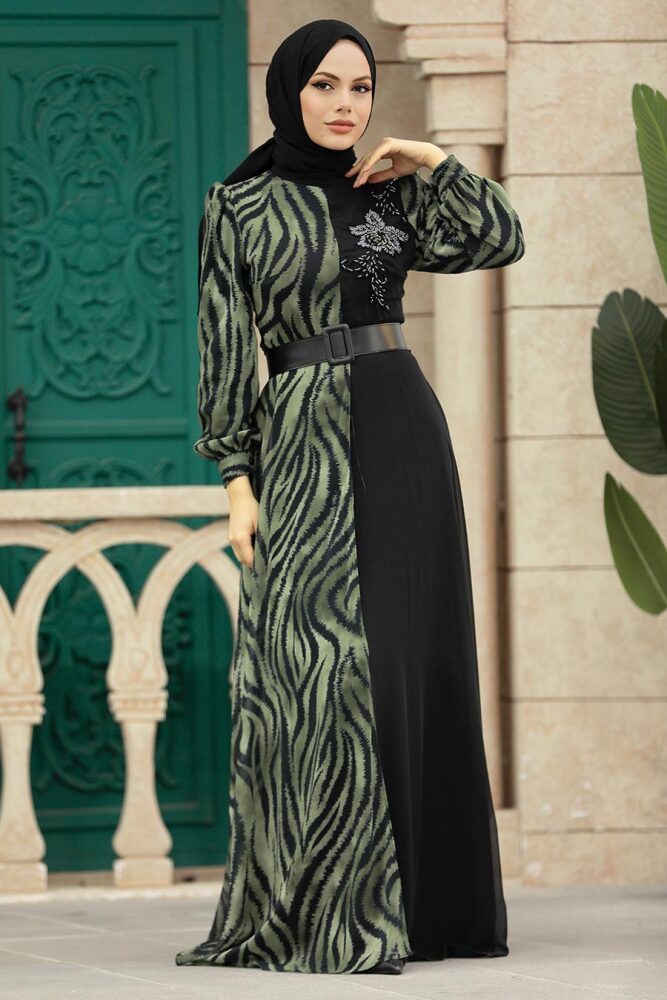 Neva Style - Blok Desenli Haki Tesettür Elbise 39053HK - 2