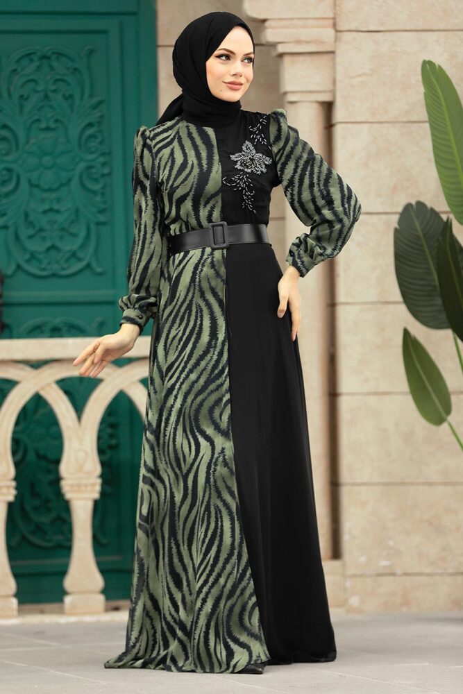 Neva Style - Blok Desenli Haki Tesettür Elbise 39053HK - 1