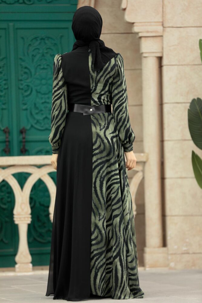 Neva Style - Blok Desenli Haki Tesettür Elbise 39053HK - 3