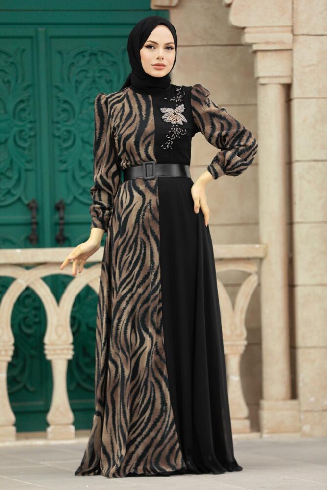 Neva Style - Blok Desenli Kahverengi Tesettür Elbise 39053KH - 2