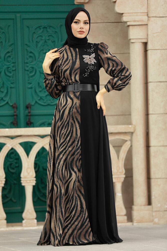 Neva Style - Blok Desenli Kahverengi Tesettür Elbise 39053KH - 3