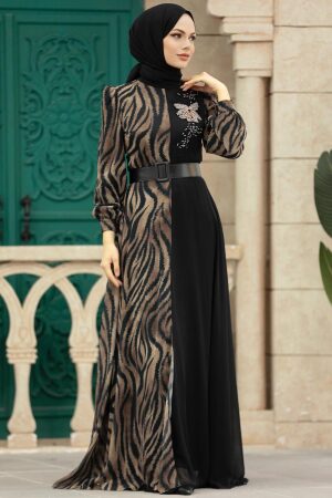 Neva Style - Blok Desenli Kahverengi Tesettür Elbise 39053KH - 1